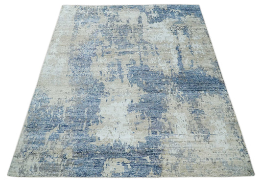 Modern Abstract Blue, Beige And Ivory Hand Knotted 8x10 ft Bedroom, Living Room Rug Bamboo Silk Area Rug