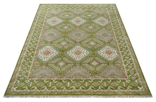 Traditional Oriental Hand Knotted Green and Ivory Multi Size Ideal for Living, Bedroom, and Dining Room