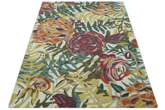Vibrant Floral Pattern Rust, Orange, Green and Olive Hand Tufted Wool Rug 5x7 ft Ideal for Living, Bedroom And Dining Rooms