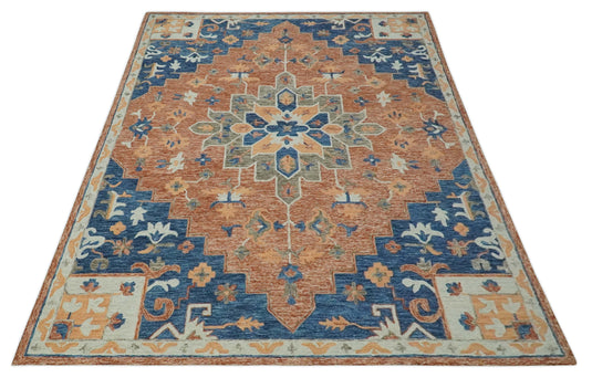 Custom Made Medallion Floral Blue, Silver, Ivory And Dark Peach Hand Tufted Wool Area Rug