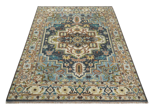 Hand Knotted Medallion Heriz Serapi Rug Ivory, grey and blue Multi Size Ideal for Living, Bedroom, and Dining Rooms | CP751