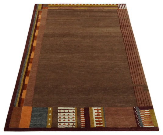 Modern Geometrical Pattern Handloom Brown and Rust 4x6 ft Bedroom, Living Room Rug , Wool, Art Silk  Area Rug AAOC946