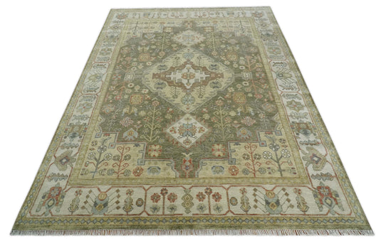 Traditional Hand knotted Ivory, Green and Beige Multi Size Traditional Heriz Serapi wool area rug