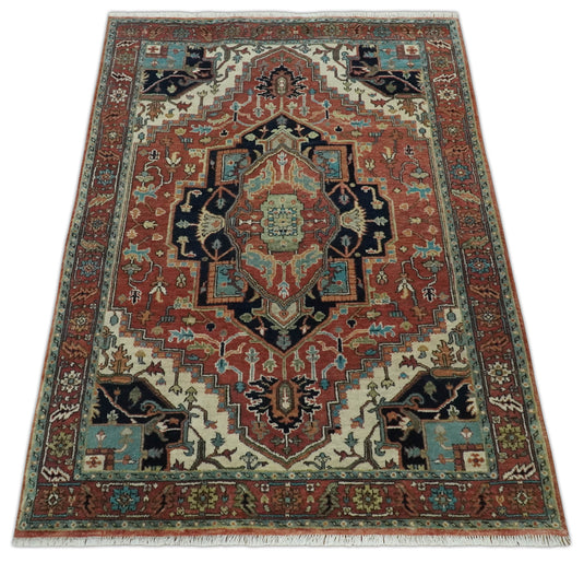 Persian Hand knotted Rust, Charcoal and Ivory 2x3, 3x5 and 4x6 Heriz Serapi  wool Area Rug