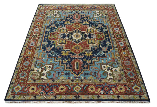 Hand Knotted Heriz Serapi Rug Blue, Rust and Aqua Multi Size Ideal for Living, Bedroom, and Dining Rooms | CP192