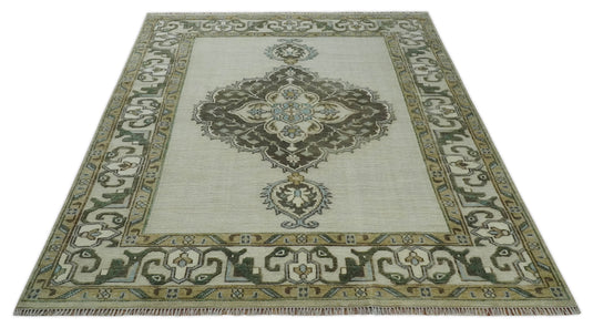 Traditional Persian Oushak Hand Knotted Beige,Charcoal and Gold Multi Size Ideal for Living, Bedroom, and Dining Room