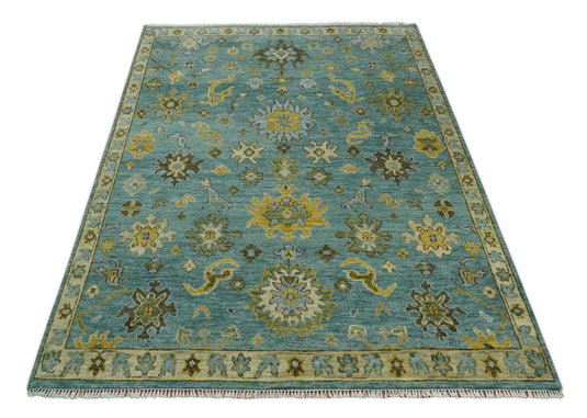 Blue and Moss Green Vintage Persian Hand Knotted, Antique Oushak 5x8, 6x9, 8x10, 9x12, 10x14, 12x15 Wool Rug, Living Room | CP815S