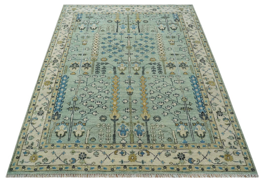 Handknotted Turkish Wool Oushak Rug, Moss Green and Ivory Tree of Life Rug CP663S