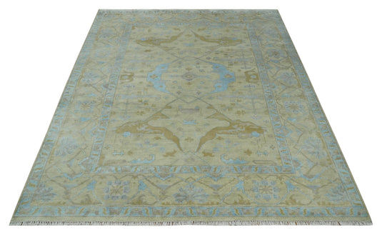 Traditional Vintage Oushak Hand knotted Beige and Blue 9x12 wool Area Rug