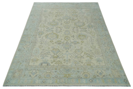 Antique Look Hand Knotted Oushak Rug Beige and Grey 9x12 ft Ideal for Living, Bedroom, and Dining Rooms