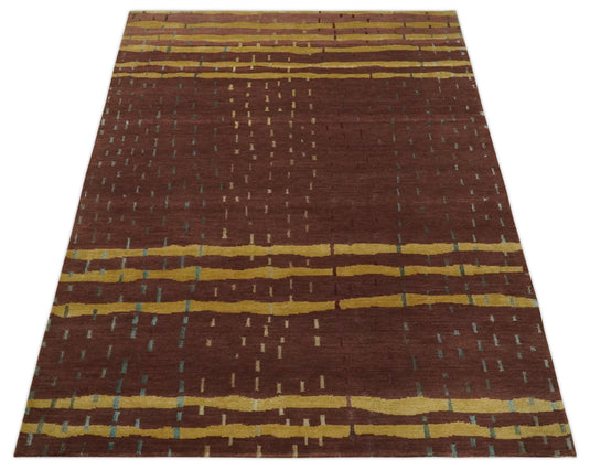 Stripe Pattern Hand knotted Brown and Gold 5x7 ft Bedroom, Living Room Rug , Wool Silk Area Rug AAOC257