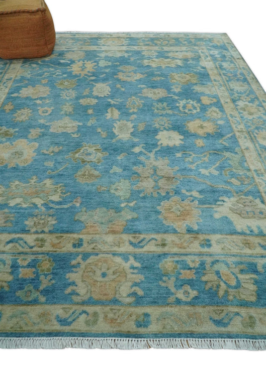 Hand Knotted Oriental Oushak Rug Blue and Beige Multi Size Ideal for Living, Bedroom, and Dining Rooms