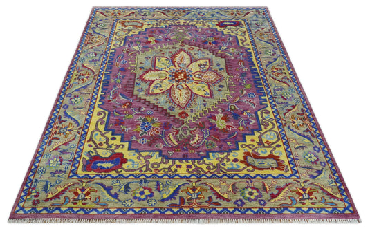 Hand Knotted Heriz Serapi Rug Purple, Mustard and Blue Multi Size Ideal for Living, Bedroom, and Dining Room