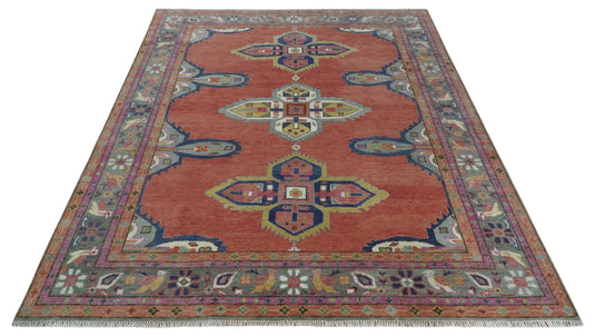 Hand Knotted Oriental Oushak Rug Rust, Grey, Blue and Ivory Multi Size Ideal for Living, Bedroom, and Dining Room