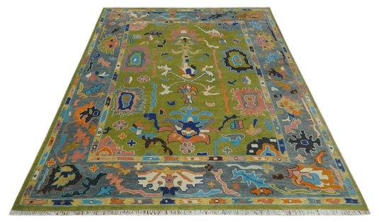 Hand Knotted Oriental Vibrant Colorful Oushak Rug Green and Grey Multi Size Ideal for Living, Bedroom, and Dining Room