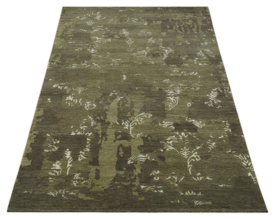 Abstract Floral Handloom Olive, Brown and Ivory 5x8 ft Bedroom, Living Room Rug Wool and Art Silk Area Rug