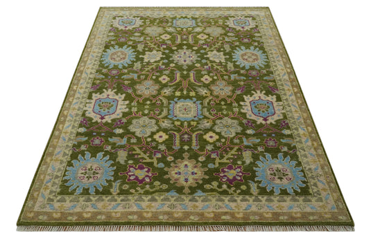Custom Made Hand Knotted Green, Blue And Purple Herati Wool Area Rug