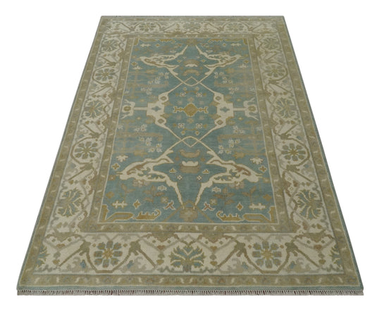 Custom Made Hand Knotted Oriental Oushak Beige, Ivory And Teal Wool Area Rug