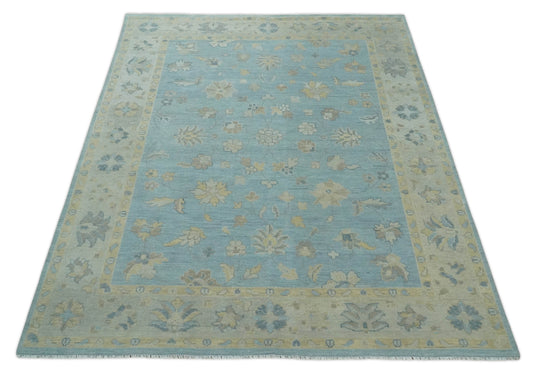 Custom Made Traditional Floral Hand Knotted Light Blue And Beige Wool Area Rug