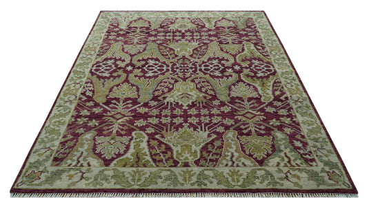 Custom Made Hand Knotted Antique Deep Maroon, Olive And Ivory Wool Area Rug