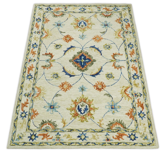 Custom Made Floral Pattern Beige, Rust, Blue And Olive Hand Tufted Wool Area Rug