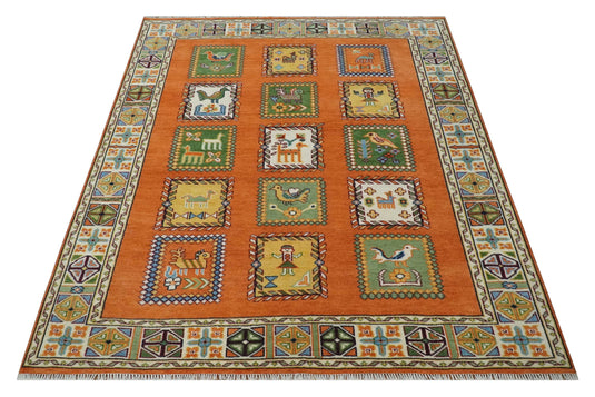 Antique look Hand knotted Rust, Ivory, Green and Beige Tribal Gabbeh 8x10 wool Area Rug