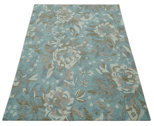 Hand Tufted Floral Blue, Ivory, Brown And Gray Rug 8x10 ft Ideal for Living, Bedroom And Dining Rooms