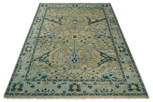 Custom Made Beige, Blue And Gold Oriental Oushak Hand Knotted Wool Area Rug