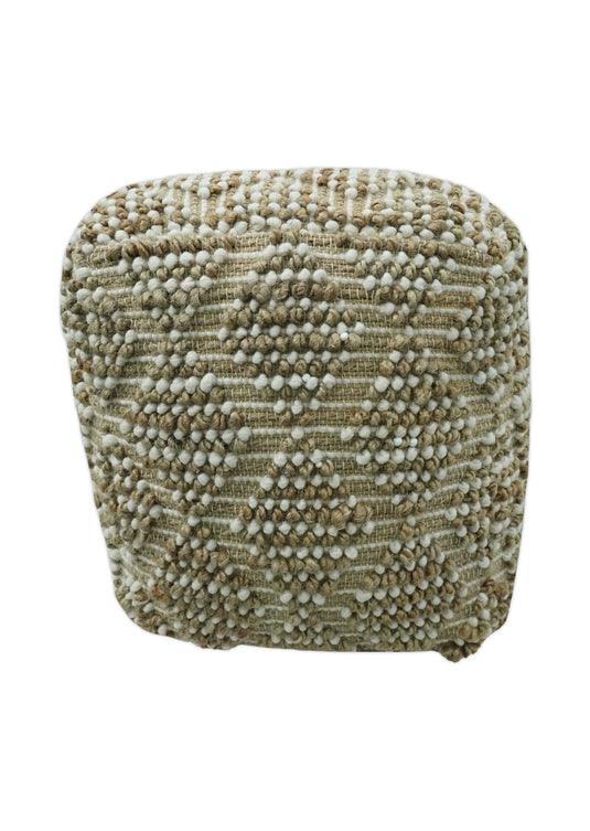 Modern Tribal Beige And White Jute And Wool Footstool, Seat, Foot Rest Living Room, Bedroom