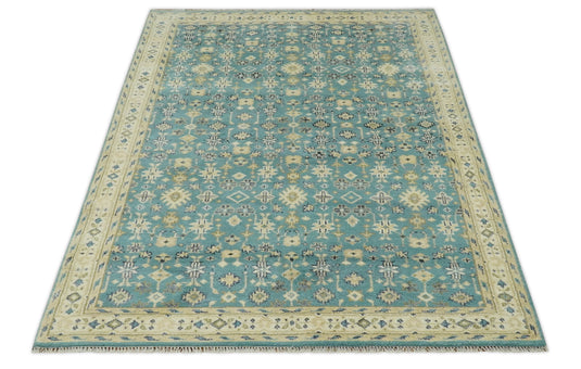 Custom Made Hand Knotted Herati Pattern Rug Teal, Beige and Blue Wool Area Rug