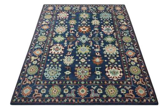 Traditional Pattern Blue, Rust, Ivory and Olive Hand Knotted 8x10 ft wool Area Rug