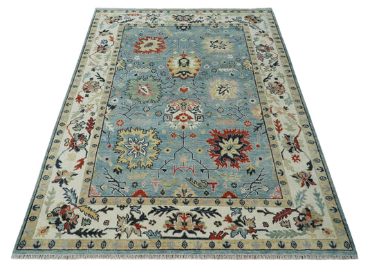 Vibrant Colorful Blue and Ivory Traditional Floral Hand knotted Oushak wool Area Rug