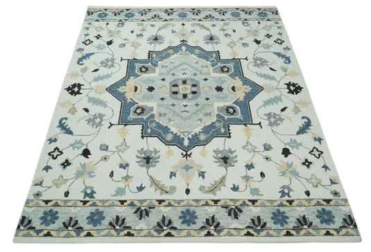 Custom Made Central Medallion Ivory, Camel, Blue, Gray And Black Hand Tufted Wool Area Rug