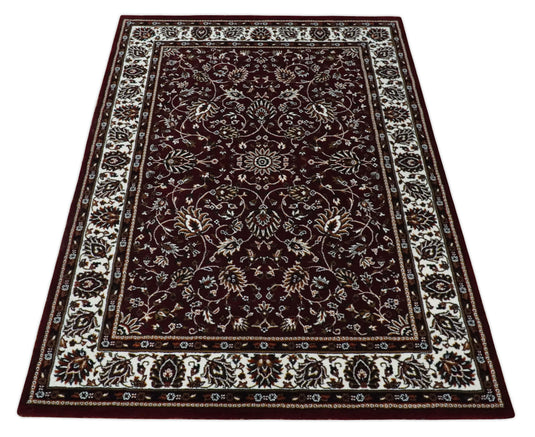 Traditional Floral Maroon, Ivory, Green And Gold Hand Woven 5x7 ft Bedroom, Living Room Rug Polyester Area Rug