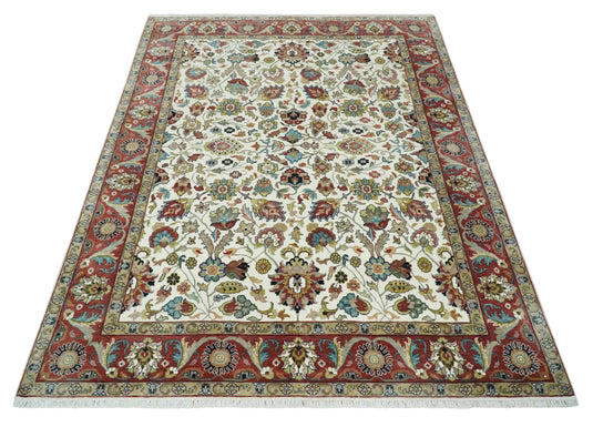 Beautiful Premium look Hand knotted Ivory and Red 8x10 wool Area Rug