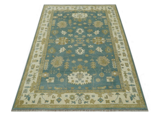 Hand Knotted Teal And Beige Classic Oriental Oushak Rug 6x9 ft Ideal for Living, Bedroom And Dining Rooms | CP235069