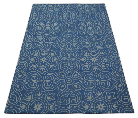 Custom Made Traditional Pattern Blue And Gray Hand Tufted  Wool Area Rug