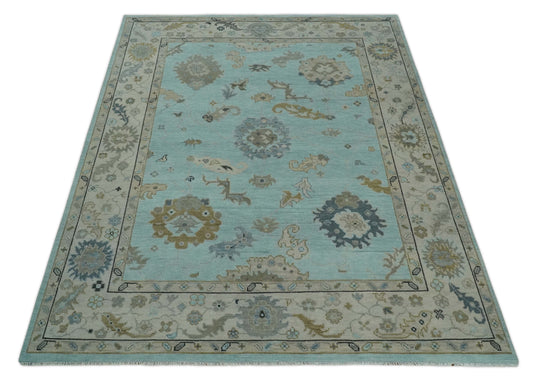 Custom Made Traditional Oushak Hand Knotted Light Blue And Ivory Wool Area Rug