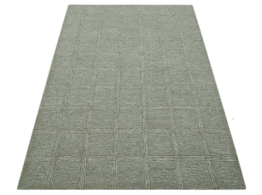 Grid Pattern Gray, Ivory And Dark Green Hand Tufted Wool Rug 5x7 ft Ideal for Living, Bedroom And Dining Rooms