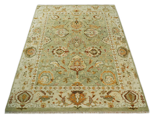 Traditional Vintage Persian Hand Knotted Oushak Rug Green and beige Multi Size Ideal for Living, Bedroom, and Dining Rooms | CP618