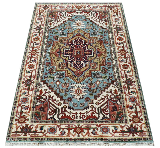 Hand Knotted Heriz Serapi Rug Aqua Blue, Ivory and Rust 5x8, 4x6, 3x5 ft Ideal for Living, Bedroom, and Dining Rooms | CP1880S