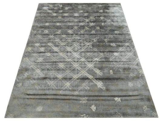 Modern Geometrical Hand knotted Gray, Charcoal and Beige 6x9 ft Bedroom, Living Room Rug Viscose Area Rug