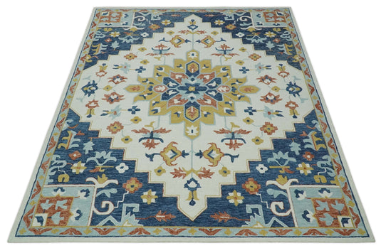 Custom Made Ivory, Blue, Rust And Olive Medallion Floral Hand Tufted Wool Area Rug