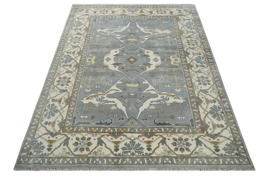 Traditional Oriental Oushak Hand knotted Silver, Ivory and Beige 9x12 ft Bedroom, Living Room Rug ,wool Area Rug