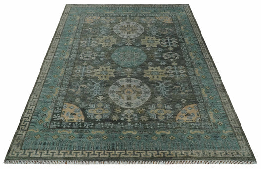 Hand Knotted Oushak Rug Charcoal, Aqua and Beige Multi Size Ideal for Living, Bedroom, and Dining Rooms |CP1713