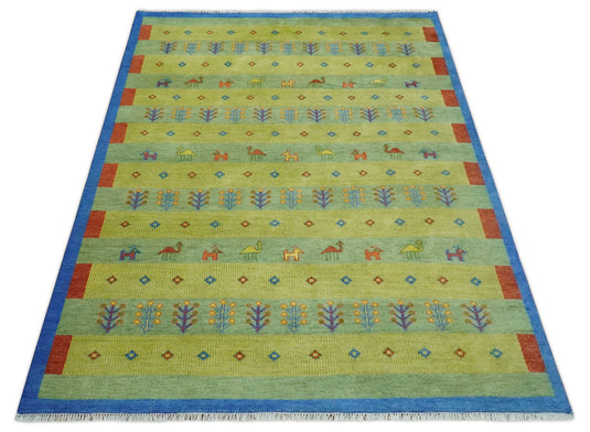 Animal and Tree Life Hand Knotted Traditional Gabbeh Rug Green, Blue and Rust Multi Size Ideal for Living, Bedroom, and Dining Rooms | CP1767