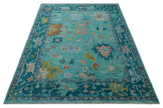 Traditional Oriental Colorful Oushak Hand knotted Green and Blue 9x12 ft Bedroom, Living Room Rug ,wool Area Rug