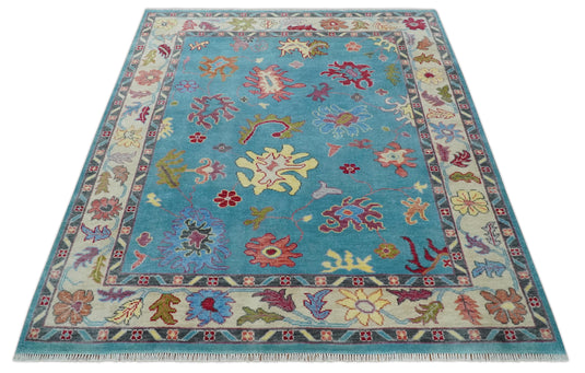 Hand Knotted Oriental Colorful Oushak Rug Blue and Beige Multi Size Ideal for Living, Bedroom, and Dining Room