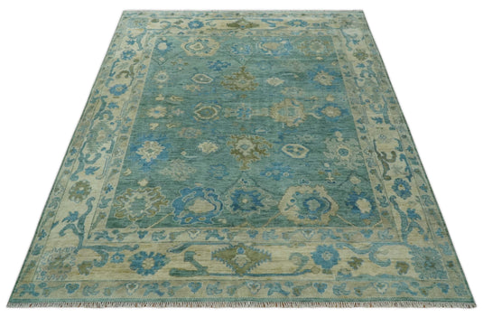 Hand Knotted Oushak Rug Blue, Beige and Green Multi Size Ideal for Living, Bedroom, and Dining Room