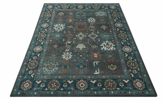 Custom Made Oriental Oushak Pattern Charcoal, Teal, Brown and Ivory Hand Knotted Wool Area Rug